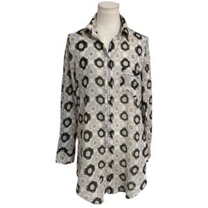 0039 ITALY Floral Geometric Gray Brown Button Up Shirt Dress Beach‎ Coverup Sz S